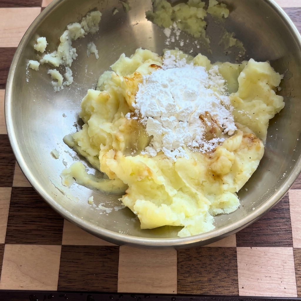 De la fécule de pomme de terre versée dans le bol de purée assaisonnée.