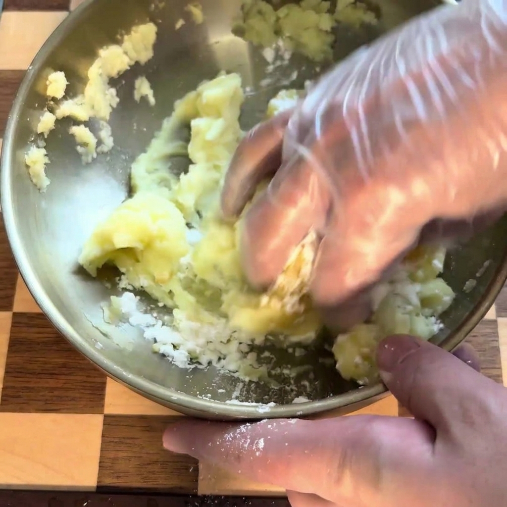 Des mains gantées pétrissant le mélange de pomme de terre dans un bol pour former une pâte lisse.