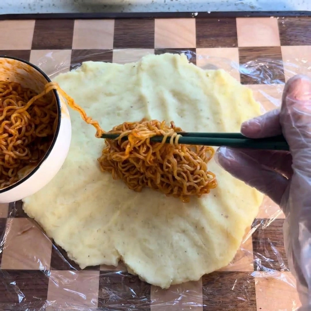 Une main utilisant des baguettes pour positionner un nid de nouilles ramen épicées en sauce au centre de la galette de pomme de terre.