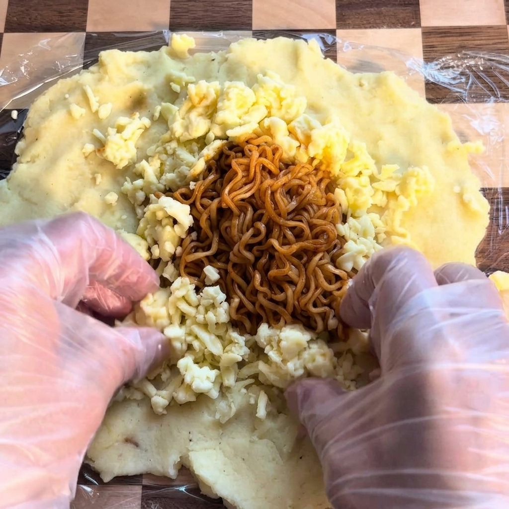 Un gros plan de mozzarella râpée disposée en anneau autour dun tas central de nouilles ramen sur une base de pomme de terre.