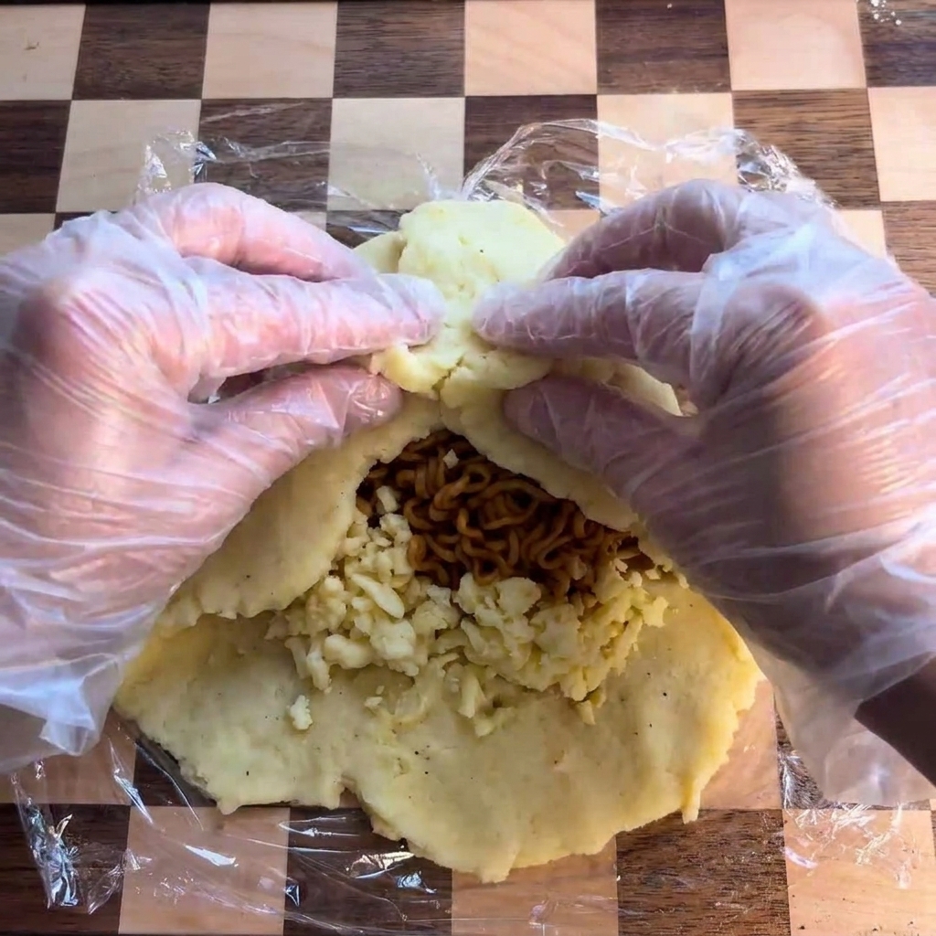 Des mains repliant les bords dune galette de pomme de terre vers lintérieur sur une garniture centrale de nouilles et de fromage.
