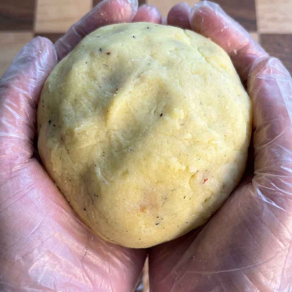 Une grosse boule de pomme de terre bien lisse et dorée, tenue entre deux mains portant des gants en plastique.