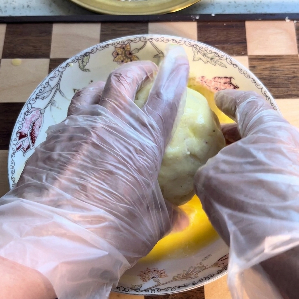 Une boule de pomme de terre roulée dans un bol de fécule de pomme de terre blanche pour créer une fine couche extérieure.