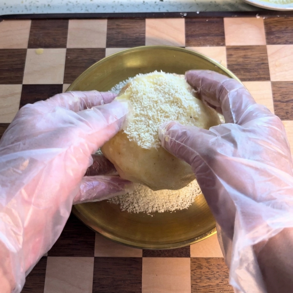 Une main roulant une boule de pomme de terre humide dans un lit de chapelure panko blanche à lintérieur dun bol doré.