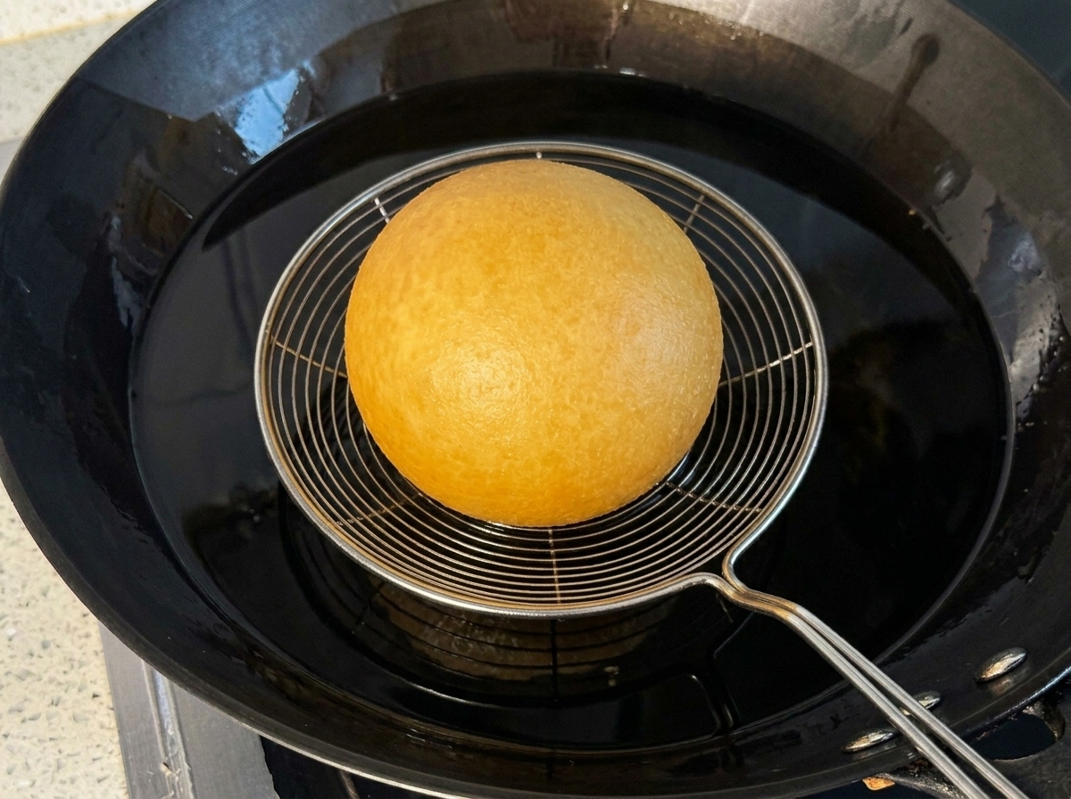 Une boule de pomme de terre croustillante et dorée en train de frire dans un grand wok noir rempli dhuile chaude scintillante.
