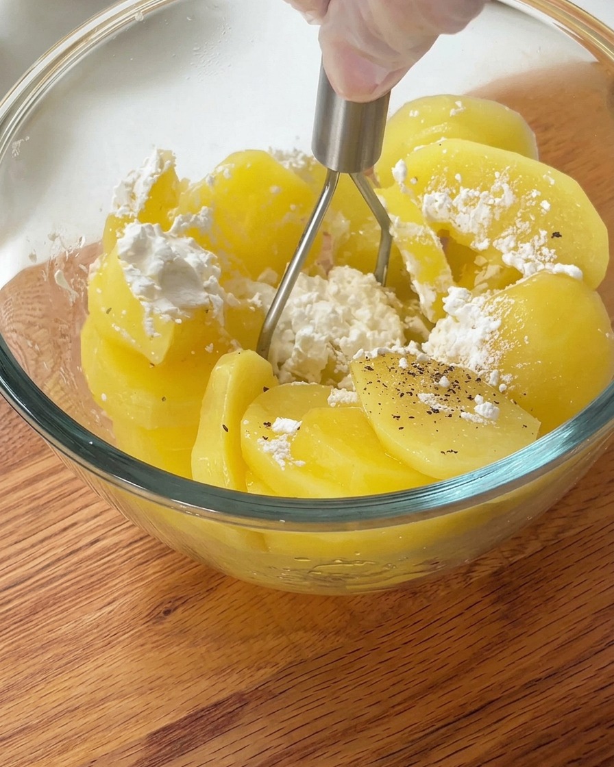 Un presse-purée en métal écrasant des pommes de terre cuites à la vapeur dans un bol en verre.