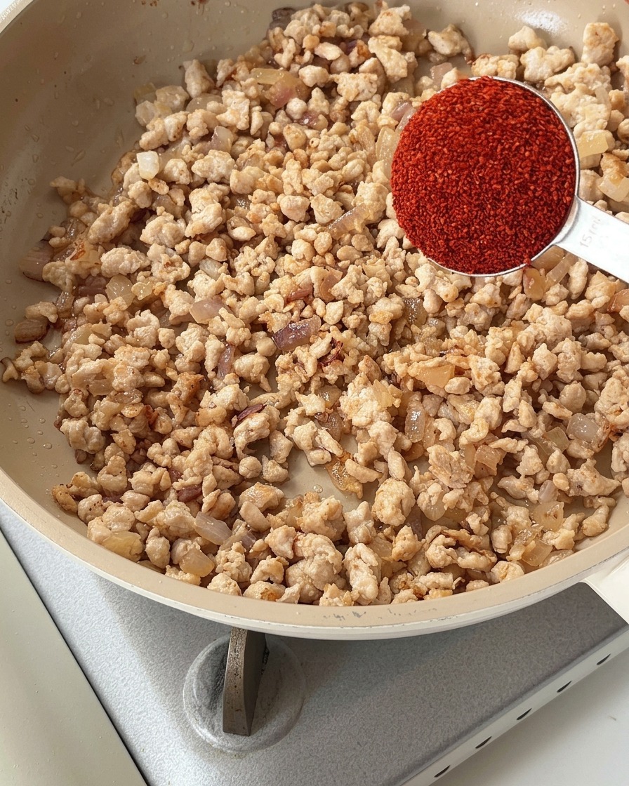 Poulet haché sauté dans une poêle avec ajout de poudre de piment et de sauce tomate.