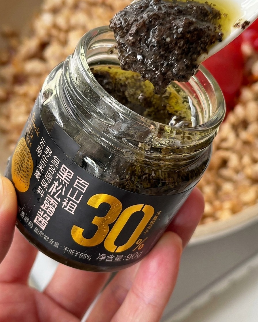 Ajout dune cuillerée de sauce onctueuse à la truffe noire au poulet assaisonné dans une poêle.