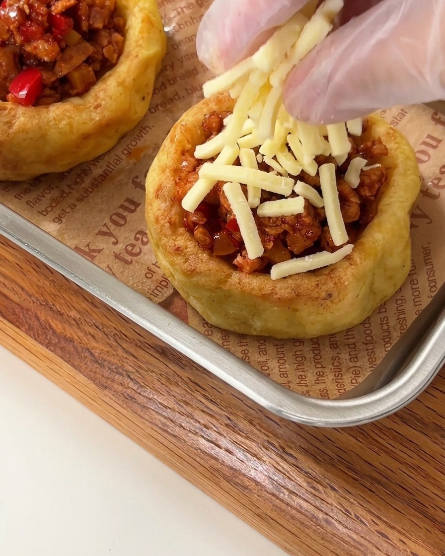 Main gantée saupoudrant du fromage râpé sur les tartelettes de pommes de terre au poulet sur une plaque.