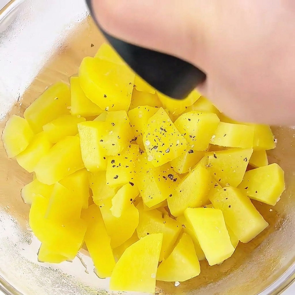 Morceaux de pommes de terre vapeur écrasés dans un bol en verre avec assaisonnement.