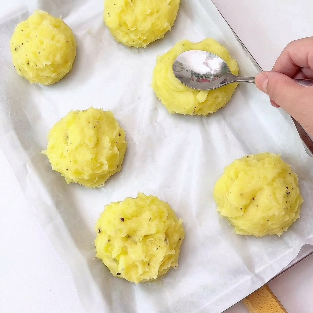 Portions de purée sur une plaque de cuisson formées en coupelles avec une cuillère.