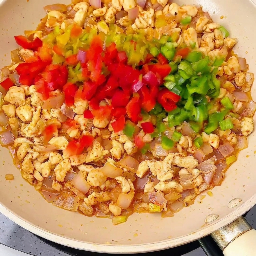 Poivrons et champignons colorés incorporés à la poêle de poulet.