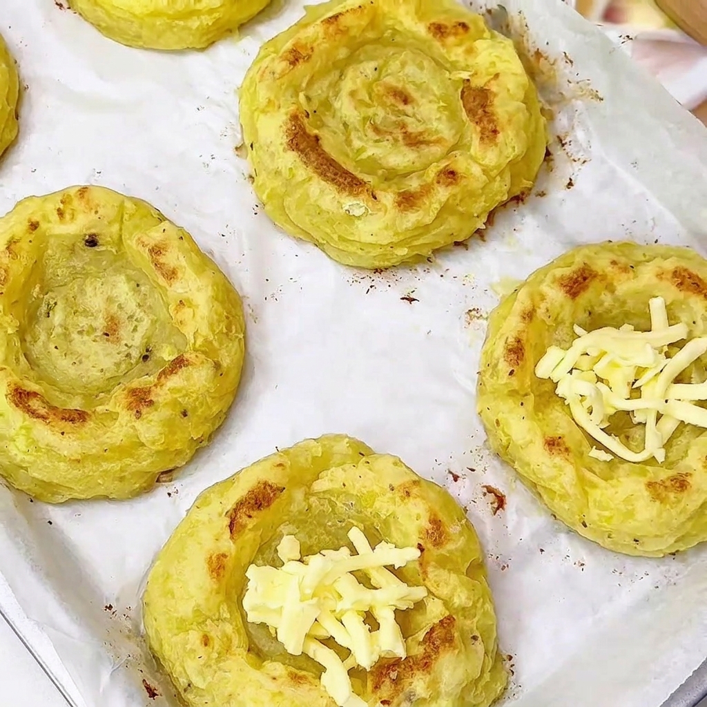 Coupelles de purée pré-cuites sur plaque avec un peu de fromage au fond.