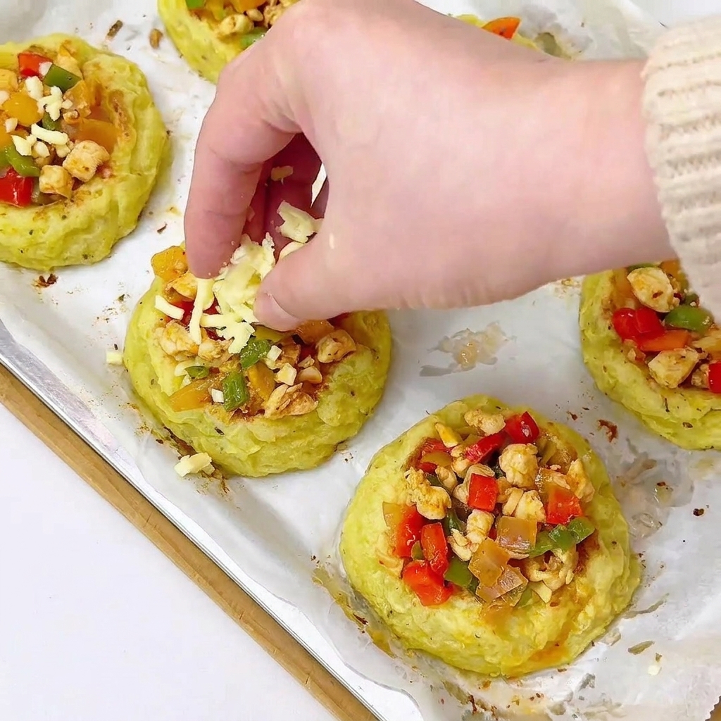 Ajout de fromage râpé sur le dessus des tartes avant la cuisson finale.