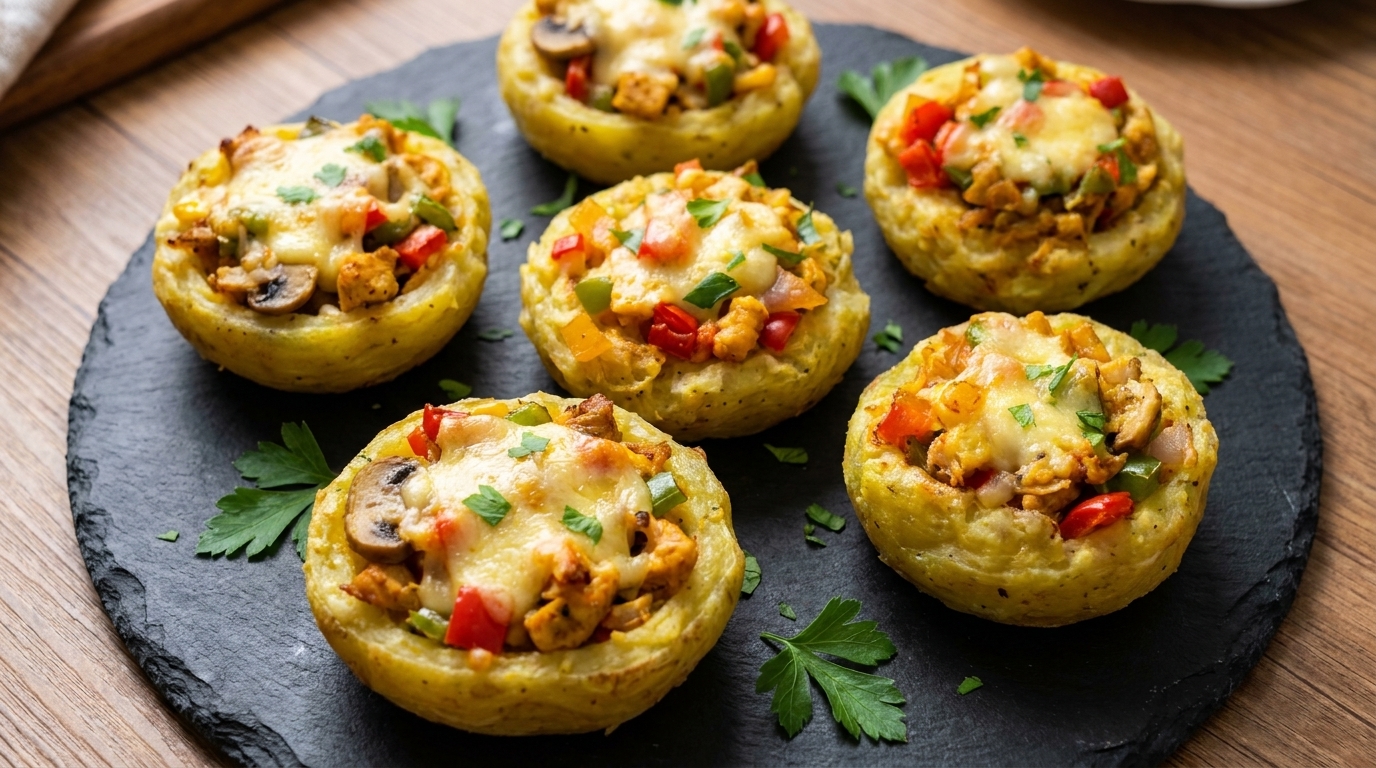 Tartes de pommes de terre fraîchement sorties du four, garnies de poulet et de légumes, couronnées de fromage fondant doré.