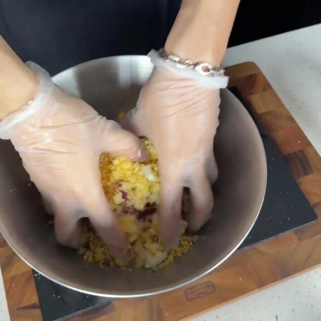 Un mélange de porc, de riz, dœuf et daromates en train dêtre mélangé dans un bol en métal.