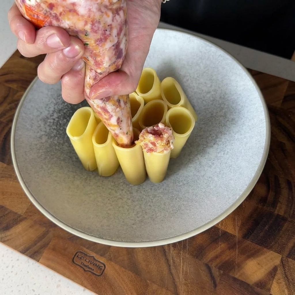La farce à la viande insérée dans un tube de pâte rigatoni cuite à laide dune poche à douille.