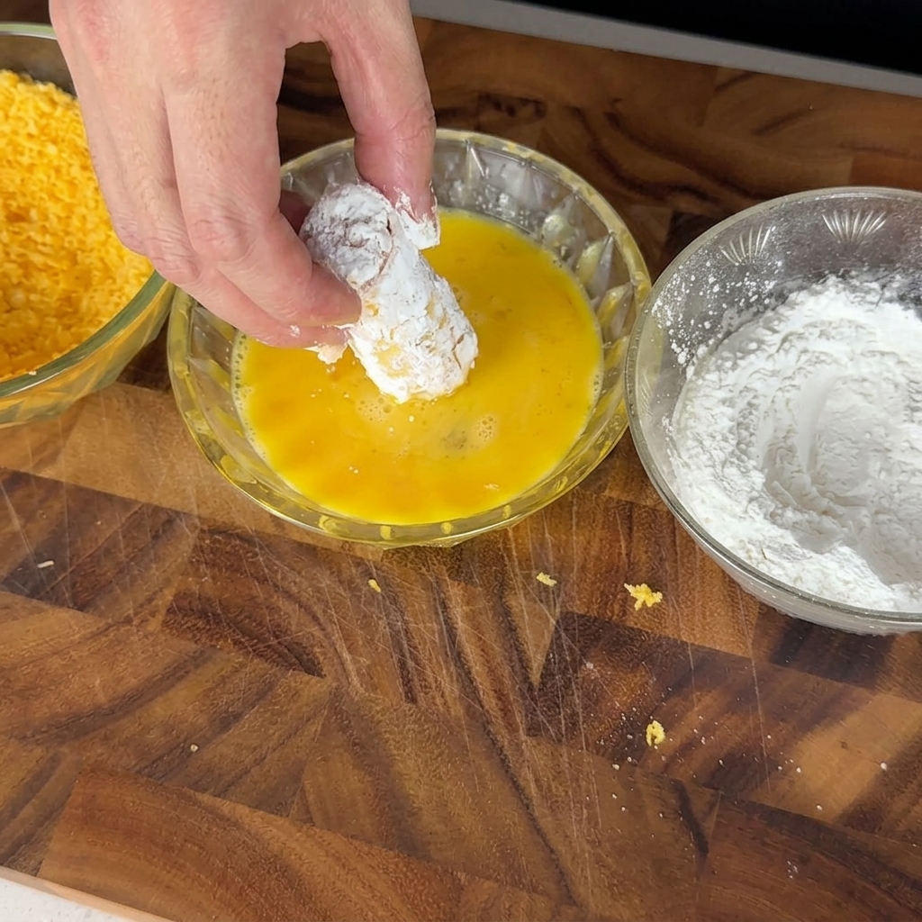 Tube de pâte farci trempé dans lœuf battu pendant le processus de panure.