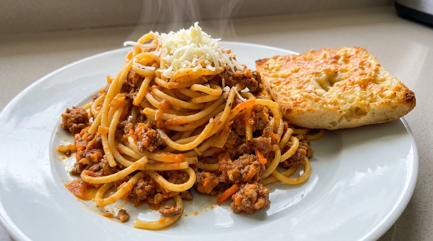 Pâtes à la Bolognaise et Pain à l'Ail Fromagé