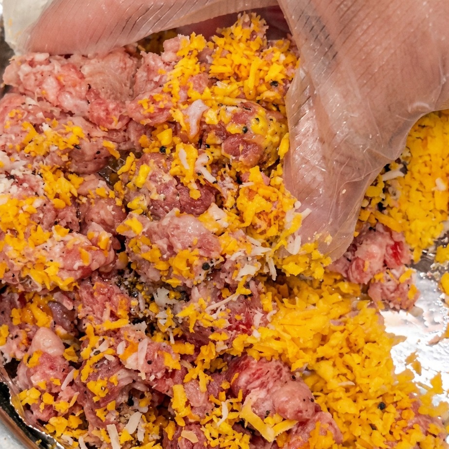 Mains mélangeant de la viande hachée et de la chapelure dans un bol.