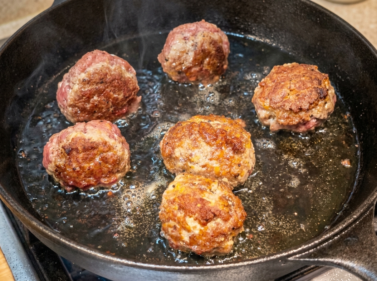 Grosses boulettes de viande saisies et dorées dans une poêle en fonte chaude.