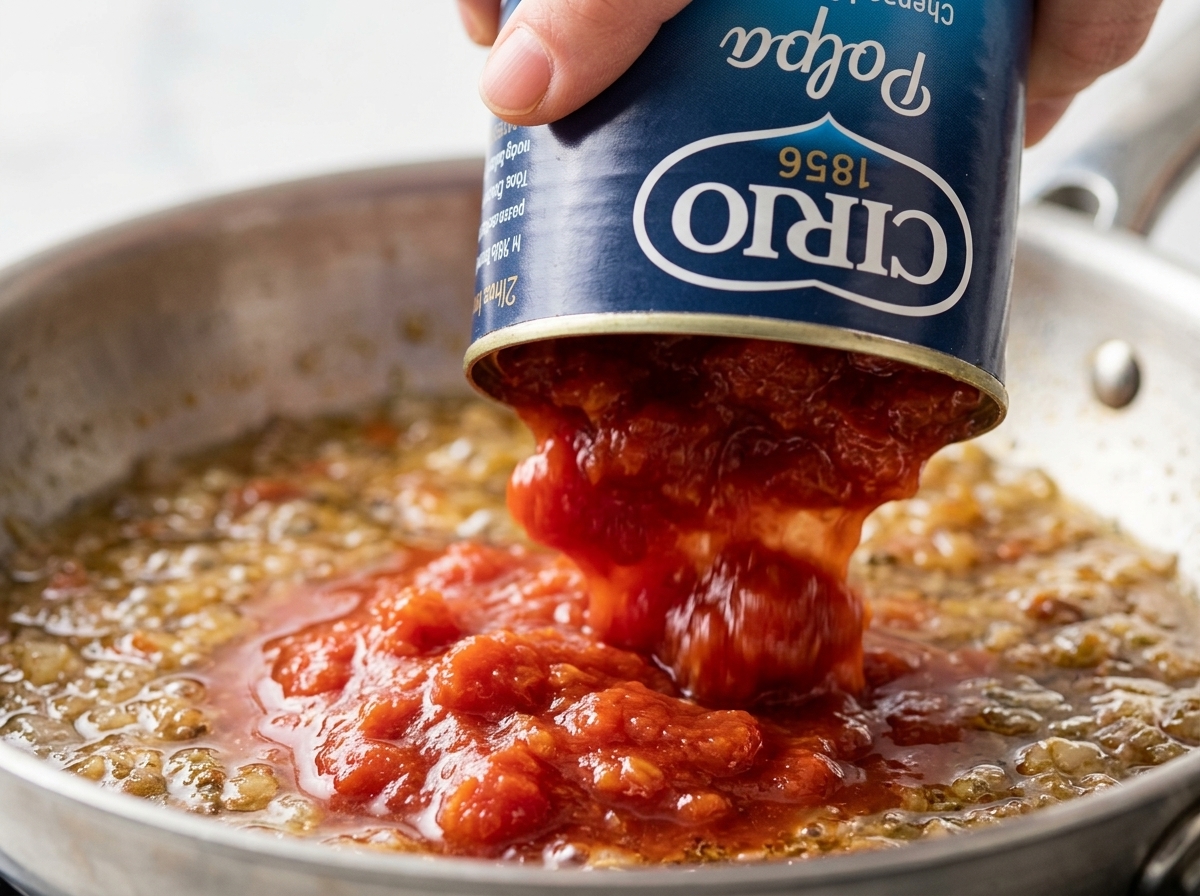 Une boîte de tomates concassées versée dans une poêle contenant les sucs de cuisson frémissants.