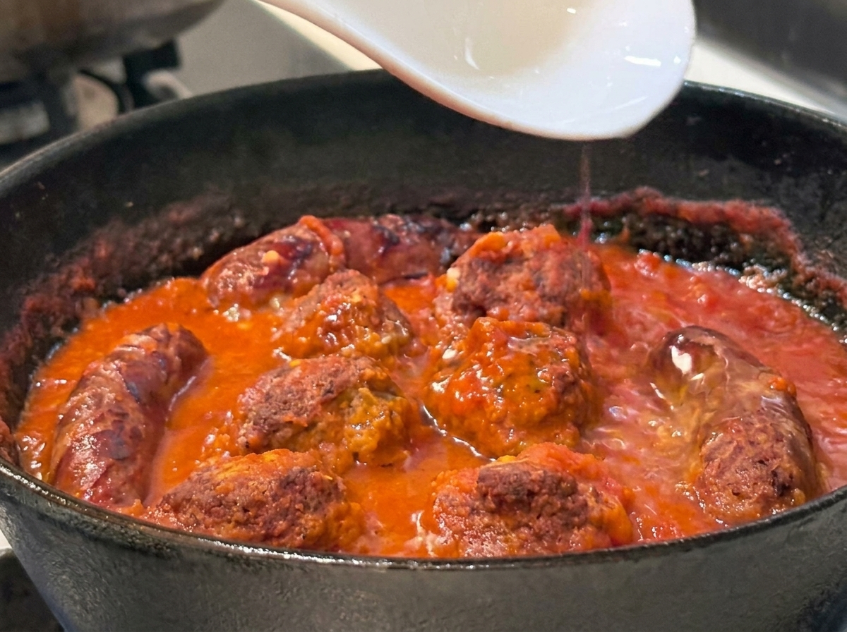 Une cuillère blanche versant de leau de cuisson trouble et amylacée dans une poêle contenant la sauce à la viande.