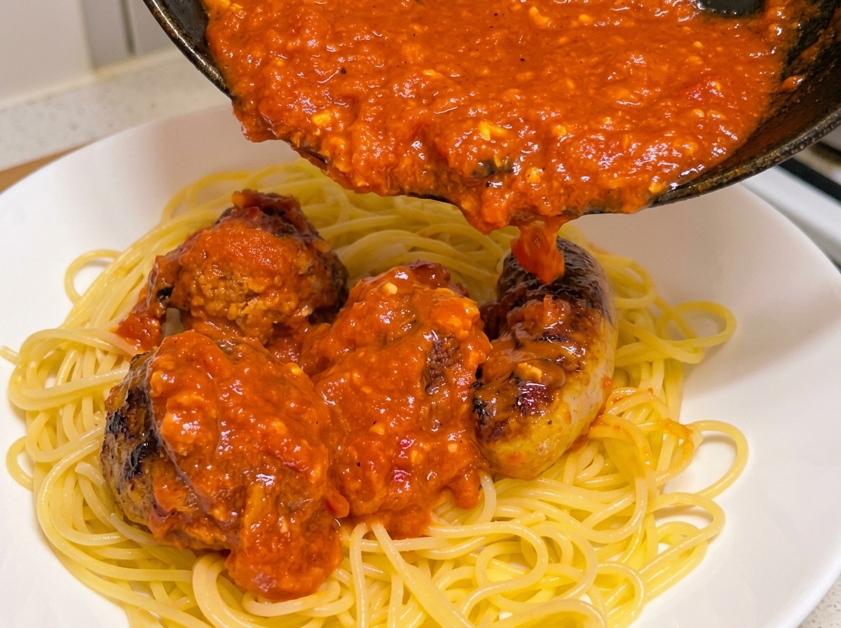 Une poêle pleine de sauce tomate, de boulettes et de saucisses versée sur un lit de spaghettis cuits dans un bol blanc.