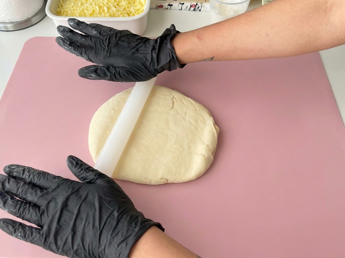 Pâte étalée en un cercle plat sur un tapis en silicone rose.