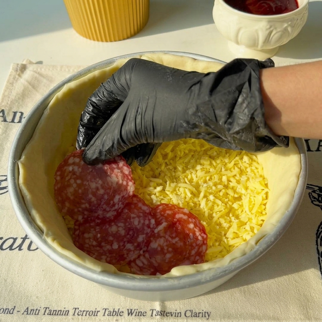 Tranches de salami disposées en couches sur le fromage râpé à lintérieur du moule.