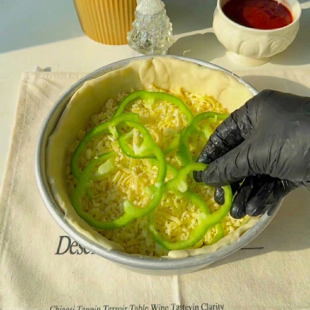 Anneaux de poivron vert placés sur les couches de viande à lintérieur du moule.