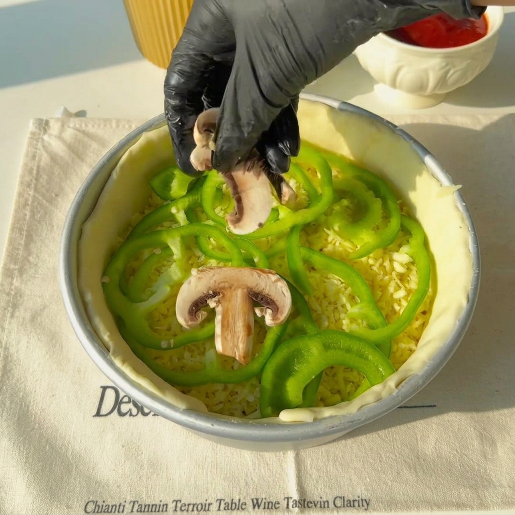 Tranches de champignons de Paris frais disposées sur les anneaux de poivron vert à lintérieur de la croûte.
