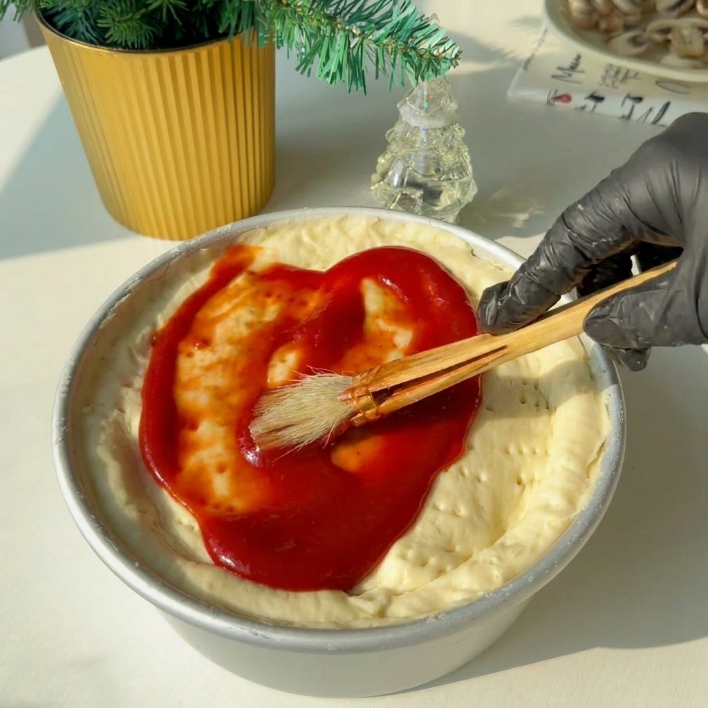 Sauce tomate rouge appliquée sur la croûte supérieure avec un pinceau à pâtisserie en bois.