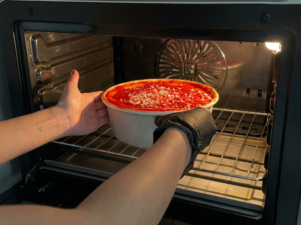 Un moule à pizza deep-dish délicatement glissé sur la grille du four.
