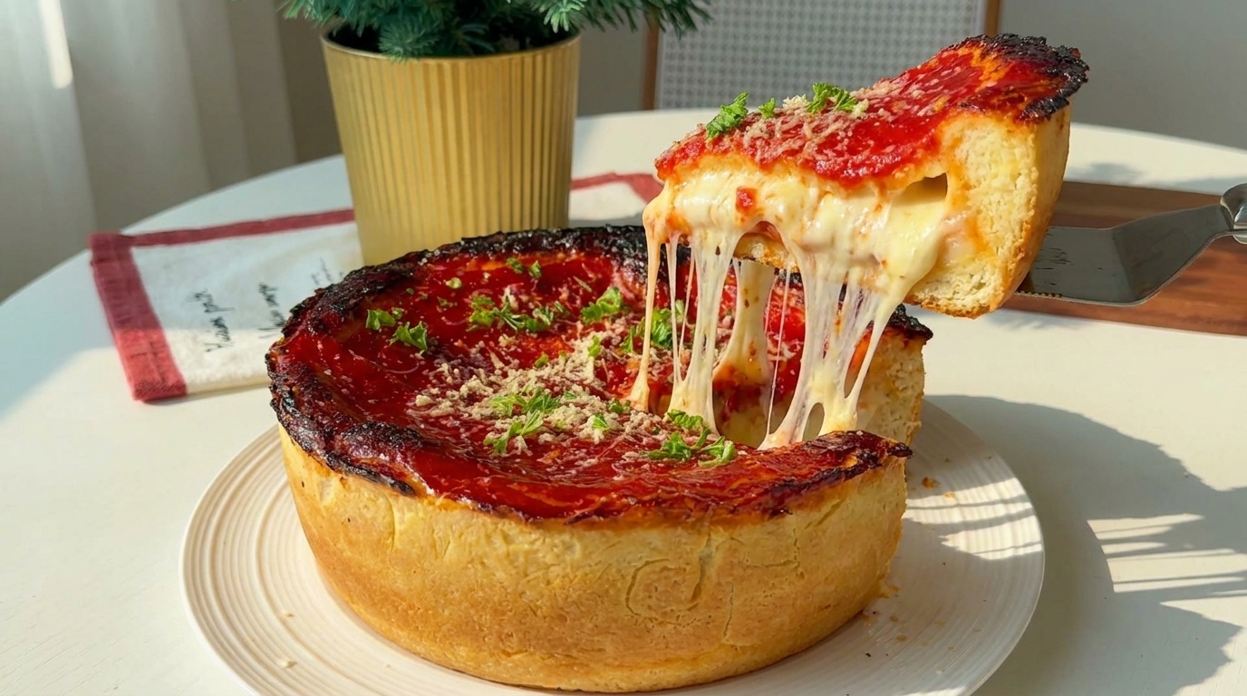 Une pizza Chicago deep dish parfaitement cuite, avec une croûte sombre et caramélisée et une riche sauce tomate rouge vif sur le dessus.