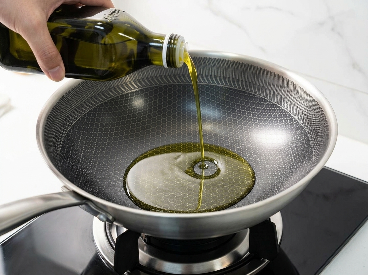 Une main versant un filet dhuile dolive dune bouteille verte dans une poêle en inox.