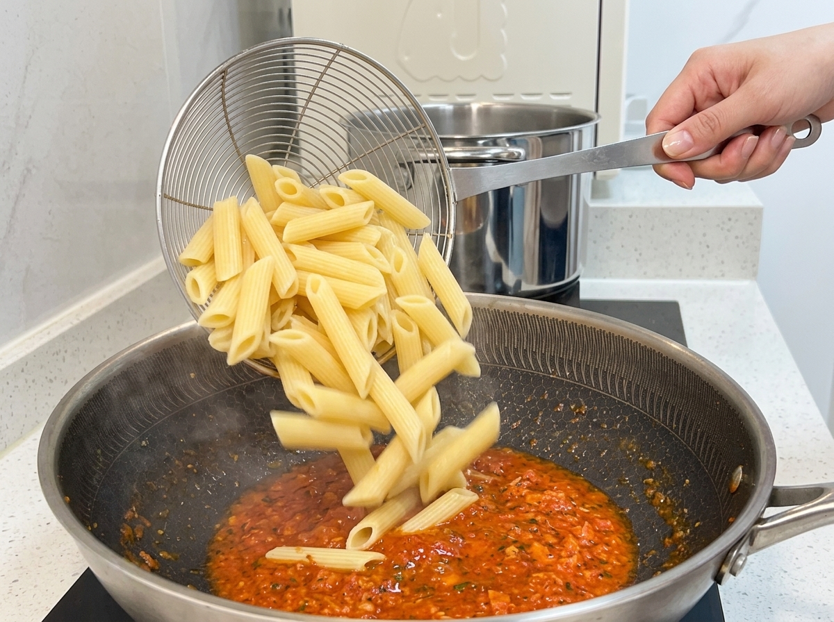 Pennes cuites transférées dune passoire dans une poêle contenant la sauce tomate.