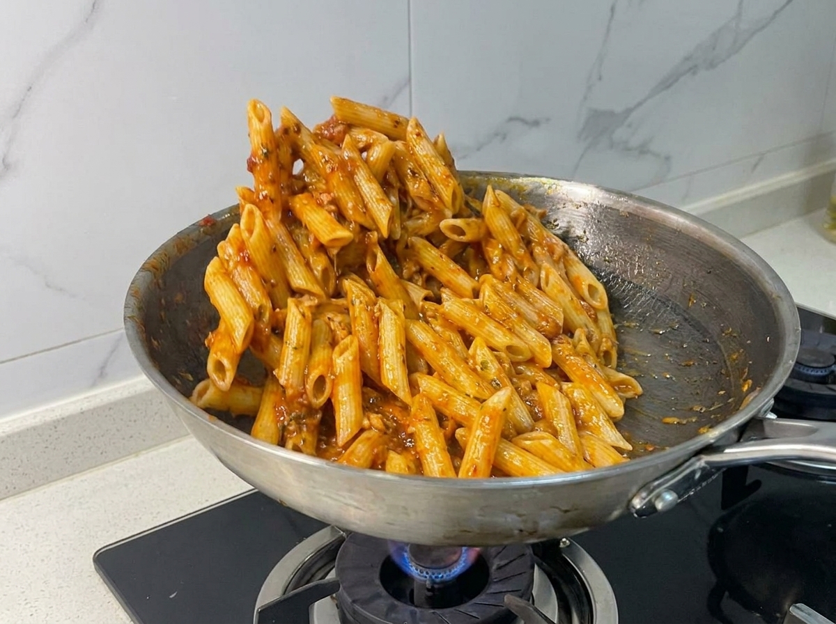 Pennes mélangées dans une poêle pour les enrober de sauce tomate et thon.