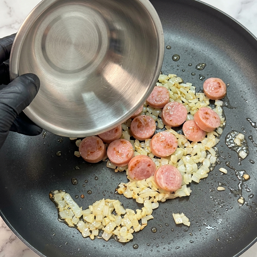 Des tranches de saucisse versées depuis un bol en métal dans une poêle contenant les aromates revenus.