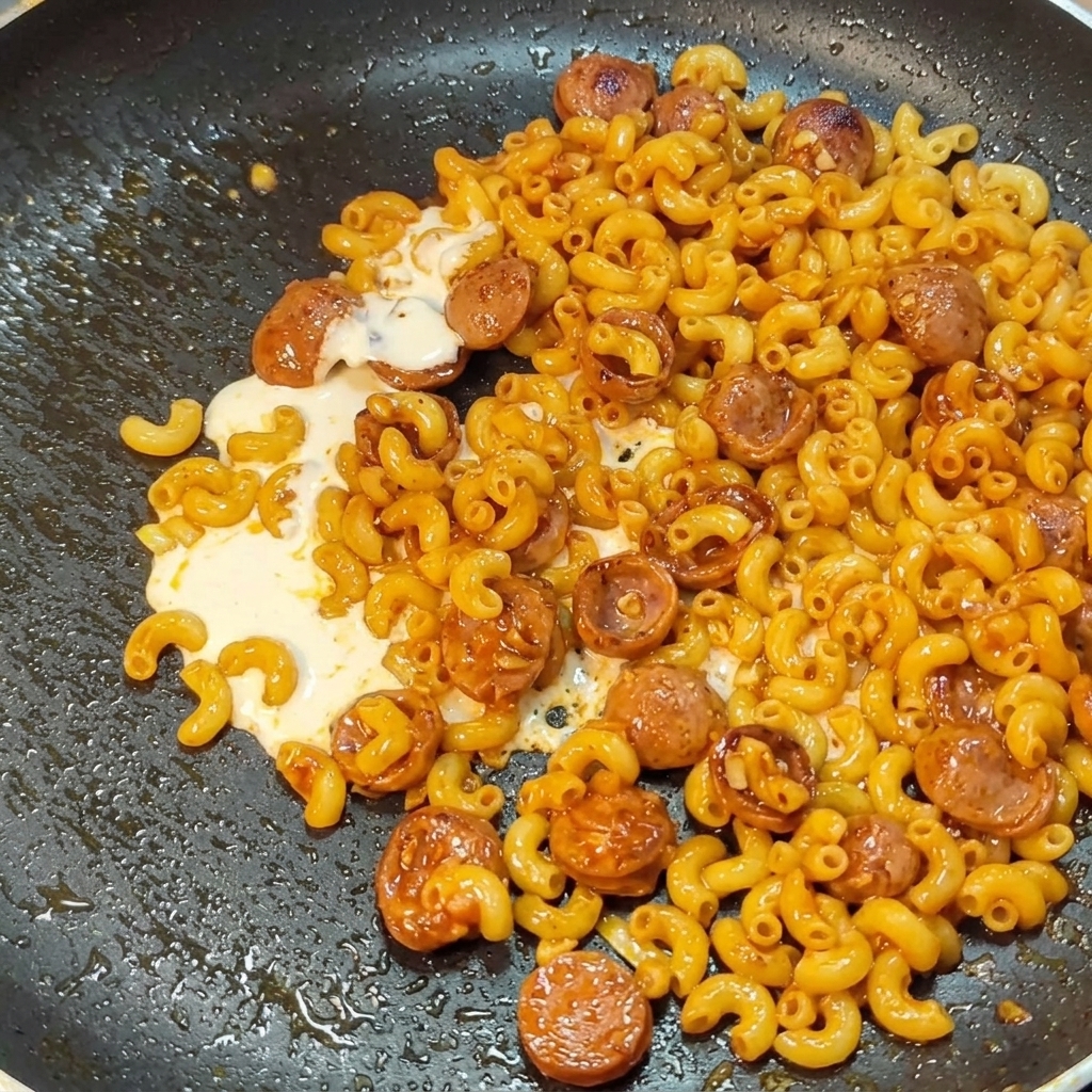 De la crème liquide versée dans une poêle remplie de macaronis et de saucisses tranchées.