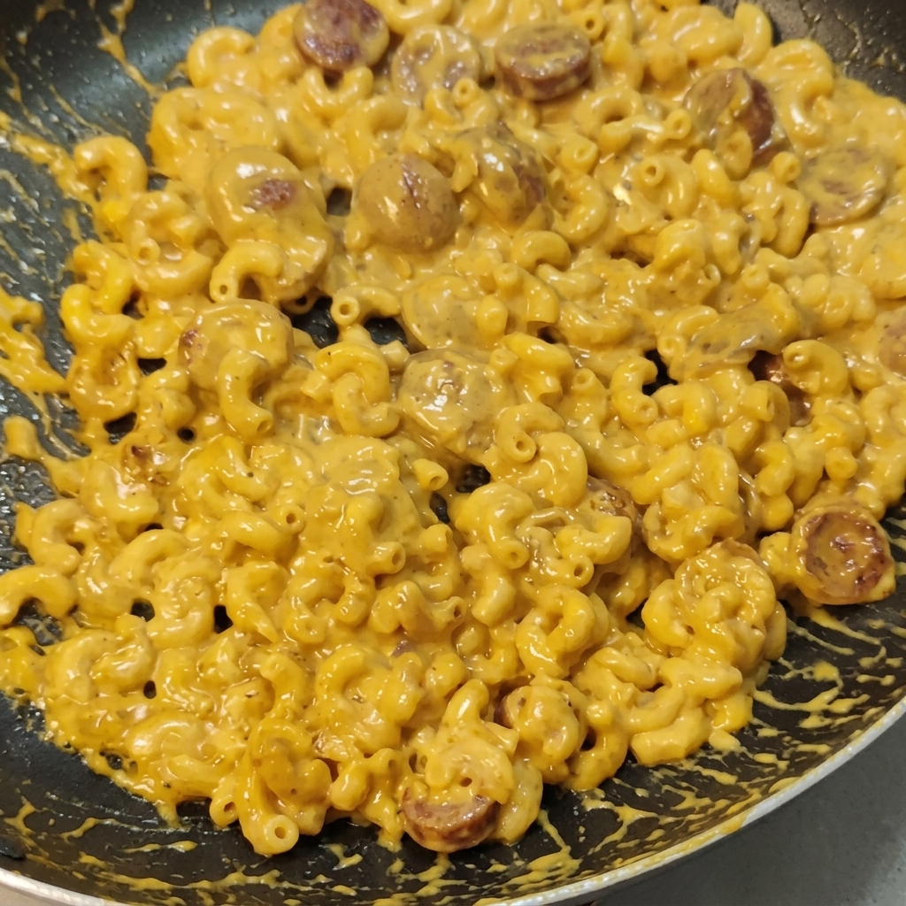 Mélange de macaronis crémeux et saucisses remué dans une poêle alors que la sauce épaissit.