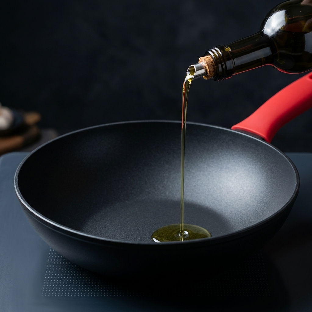 De lhuile dolive versée dans une sauteuse vide et préchauffée.