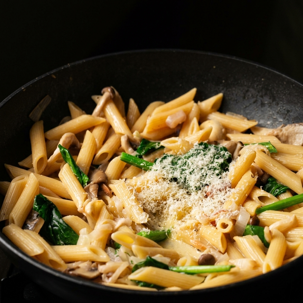 Un généreux monticule de parmesan râpé et des éclats de poivre noir sur des pennes crémeuses aux champignons et épinards dans une sauteuse noire.