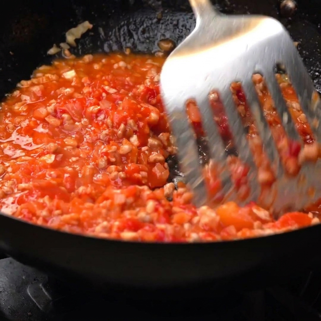 Une spatule en métal remuant une sauce tomate à la viande bouillonnante dans une poêle sombre.