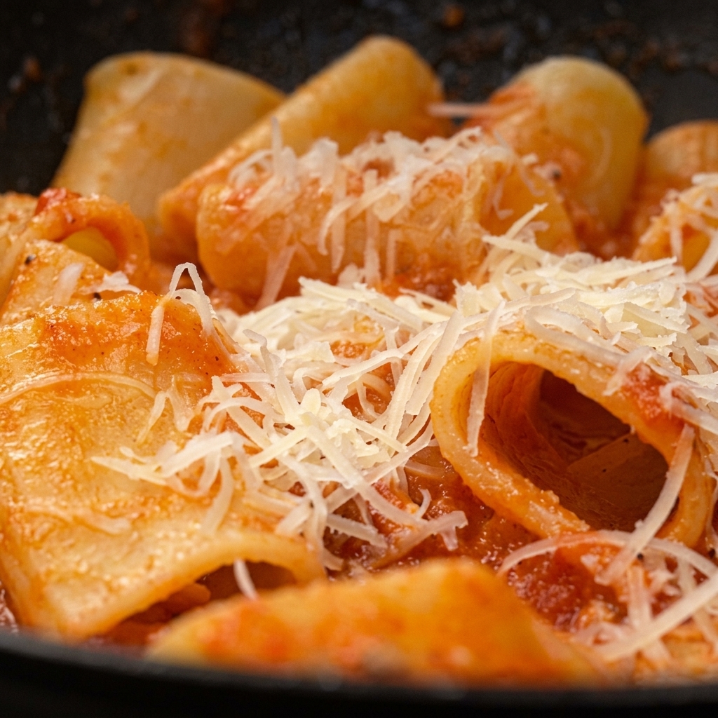 Gros plan de fromage râpé saupoudré sur une poêle de paccheri à la sauce tomate.