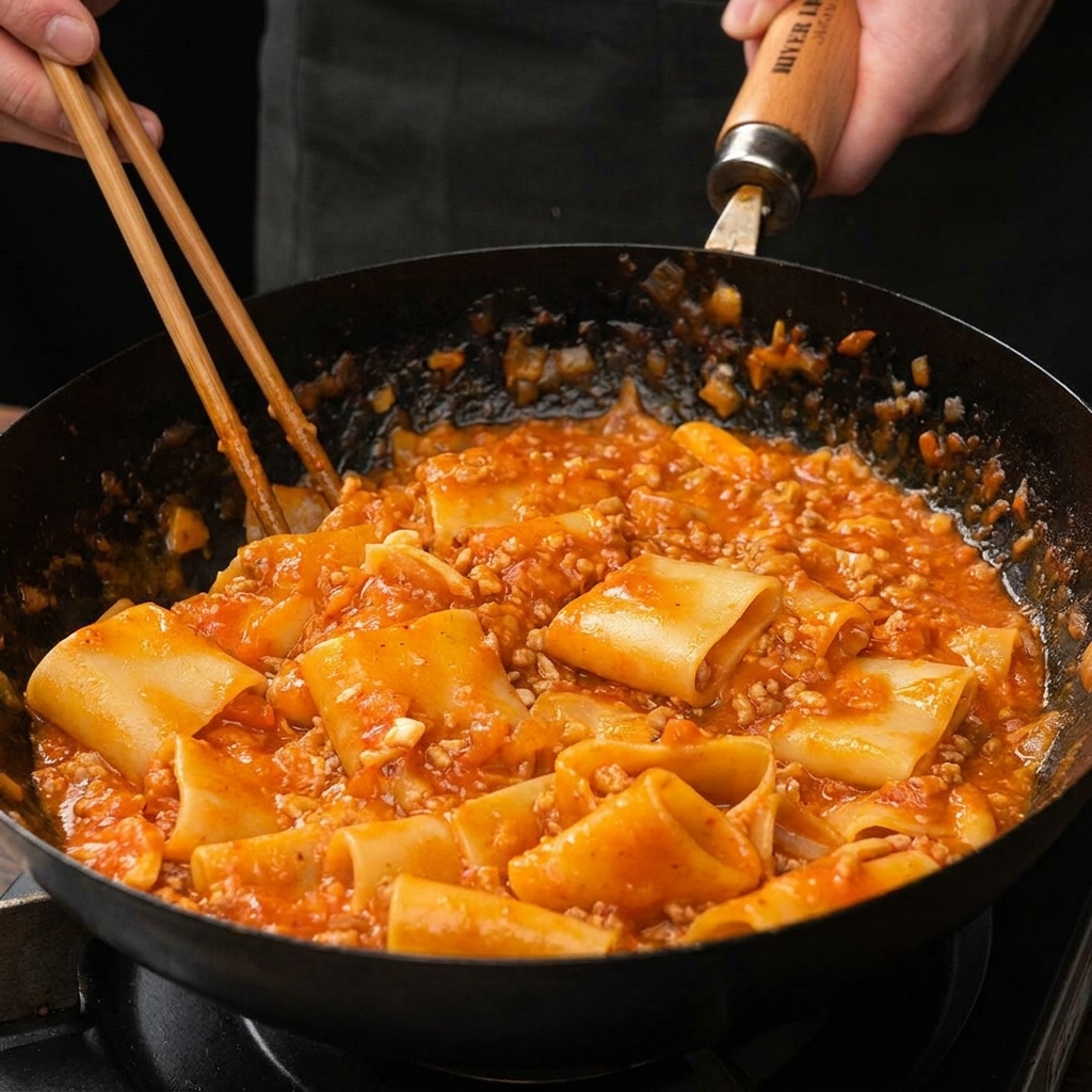 Mélanger les paccheri cuits avec une sauce tomate à la viande dans une poêle en utilisant des baguettes en bois.