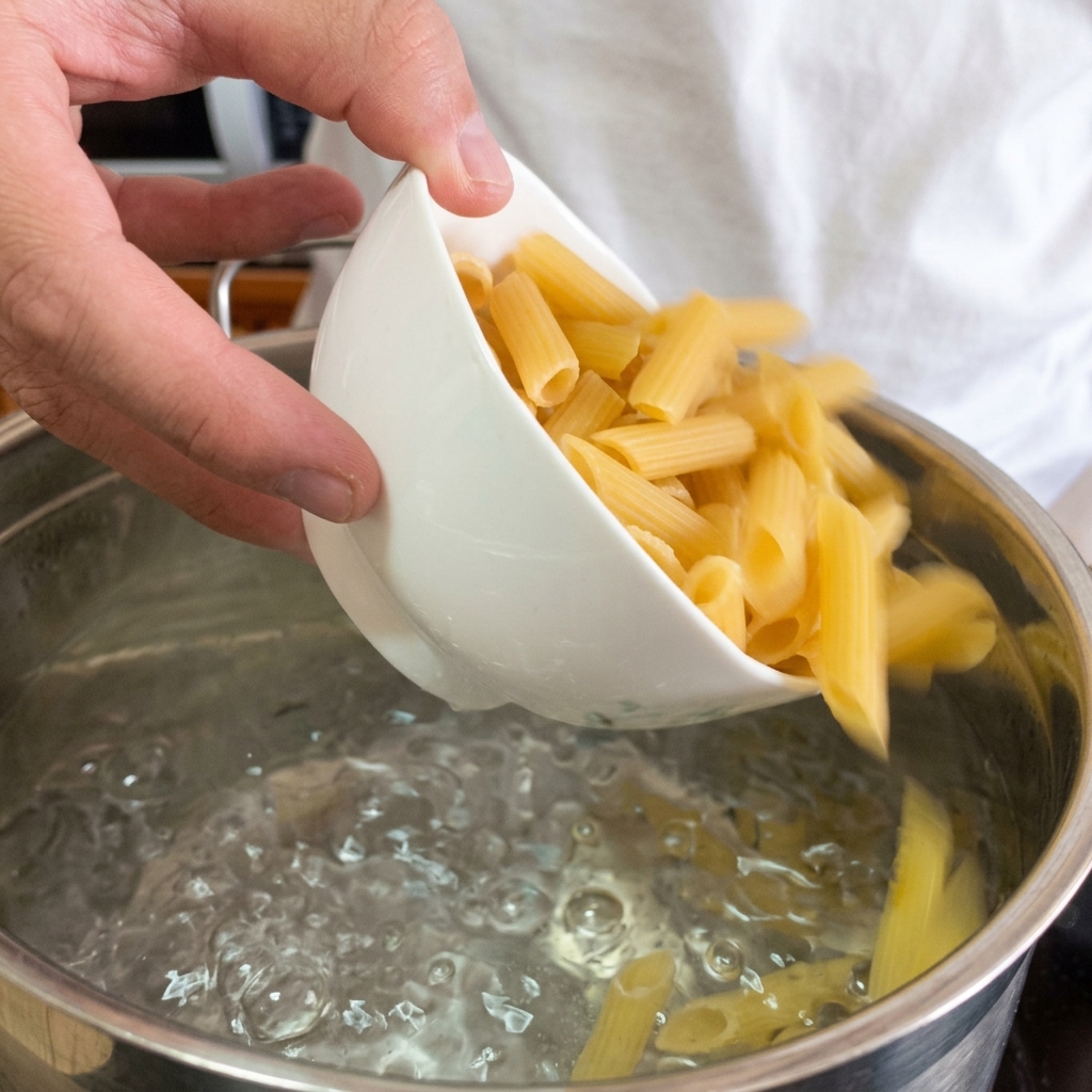 Crème liquide versée dans une poêle avec les champignons et oignons sautés pour créer une sauce épaisse.