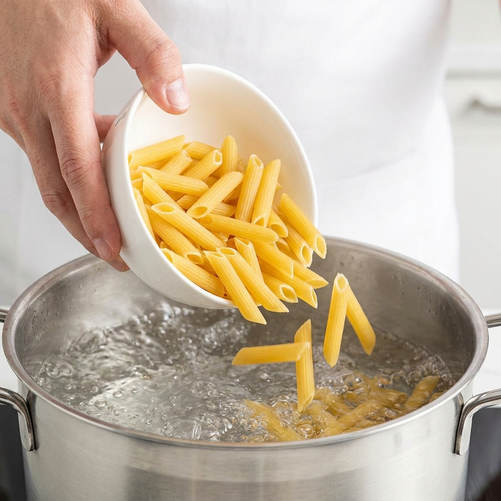 Pennes cuites versées dans une poêle avec la sauce crémeuse aux champignons et du parmesan râpé.