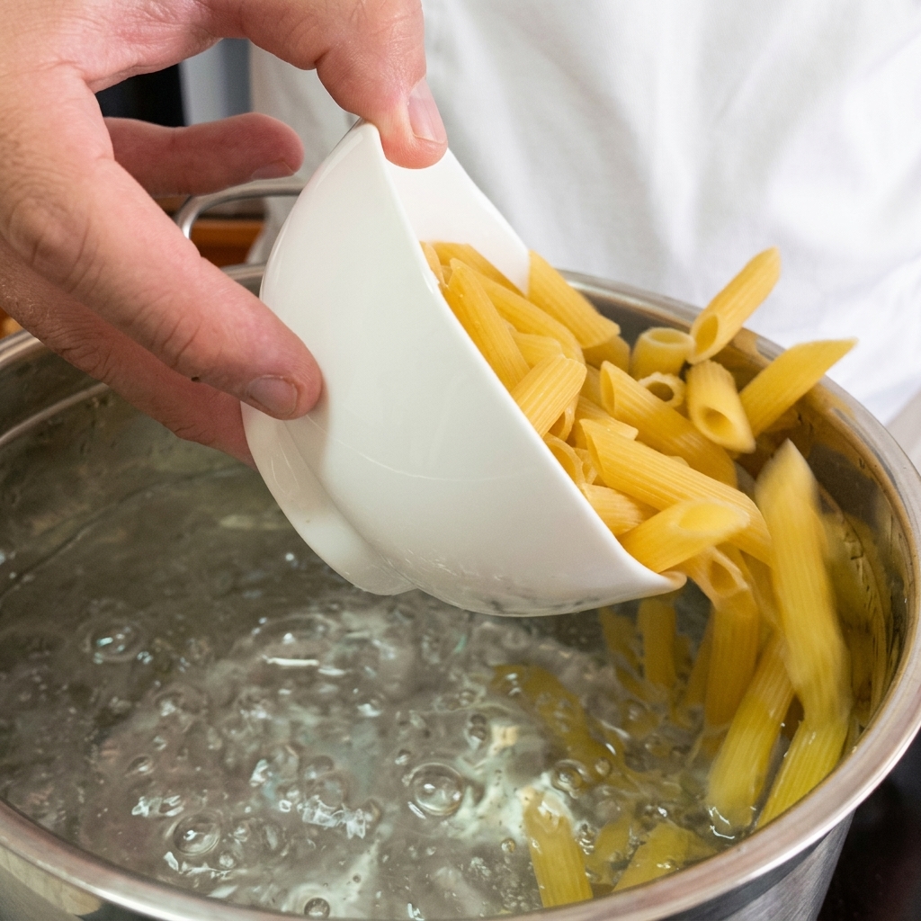 Pennes mélangées dans une sauce crémeuse aux champignons avec du parmesan râpé dans une poêle.