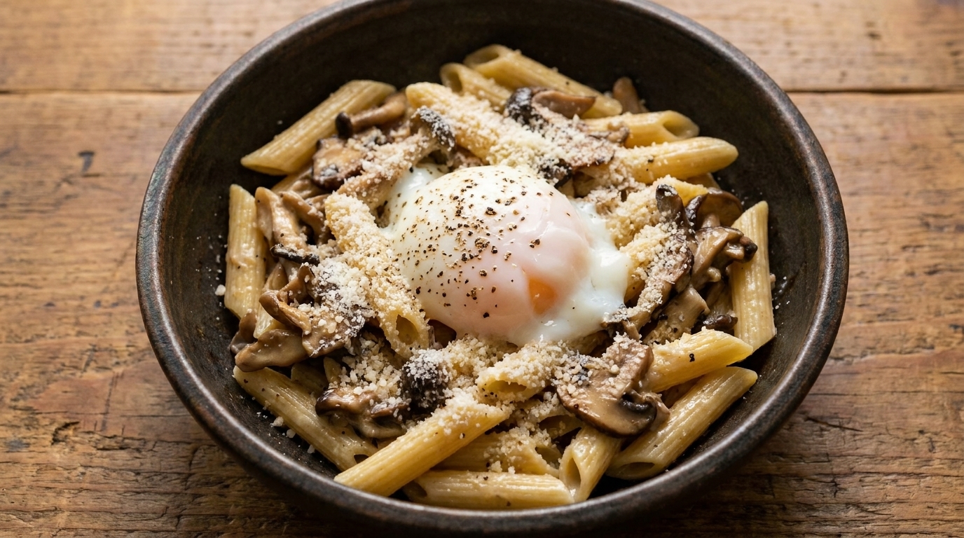 Pennes crémeuses aux champignons et œuf parfait